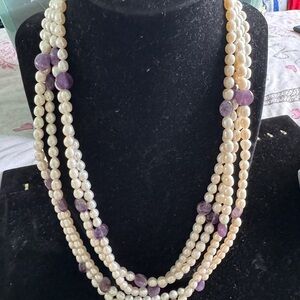 Elegant Pearl and Purple amethyst Bead Necklace 96” long no clasp
